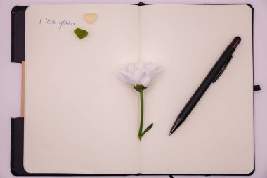 Beyaz arka planda çiçekli kalem ve defter, seni seviyorum mesajı, sevgililer günü konsepti
