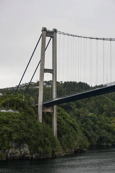 Norveç, Bergen 'deki fiyort üzerindeki asma köprü. Yolcu gemisinden görüntü