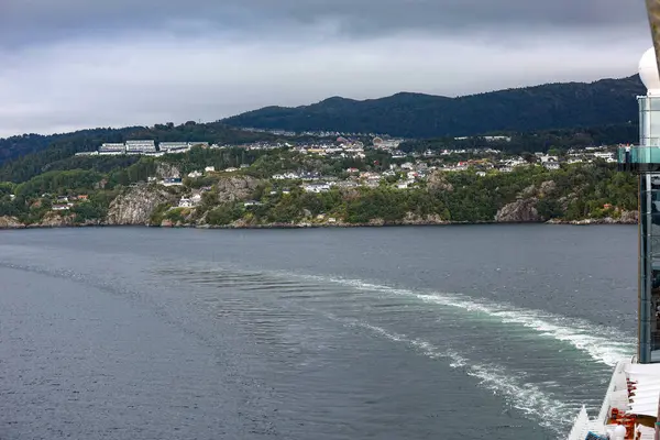 Yolcu gemisinden alınan evlerle Norveç kıyısı manzarası