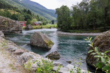 Rope bridge over Flamselvi river in Flam, Sognefjord, Norway. 