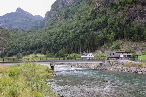 Yaz mevsiminde nehir ve köprü olan dağ manzarası, Norveç İskandinavya