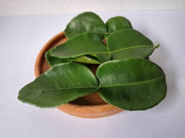 Kafir limon yaprakları. Koyu yeşil, parlak, çift katlı, güçlü, aromalı ve aromalı bir yaprak. Genellikle Güneydoğu Asya mutfağında eşsiz koku ve tatları için kullanılır.