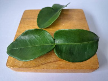 Kafir limon yaprakları. Koyu yeşil, parlak, çift katlı, güçlü, aromalı ve aromalı bir yaprak. Genellikle Güneydoğu Asya mutfağında eşsiz koku ve tatları için kullanılır.