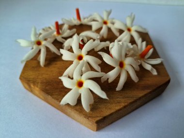 Servis tahtasındaki taze parijat çiçekleri. Çeşitli kullanımları var, hem tıbbi hem de kültürel. Ayurvedic tıpta ateş, öksürük ve soğuk algınlığını tedavi etmek için kullanılır. Çiçekler Hindu ayinlerinde ve tanrılara adak olarak da kullanılır.