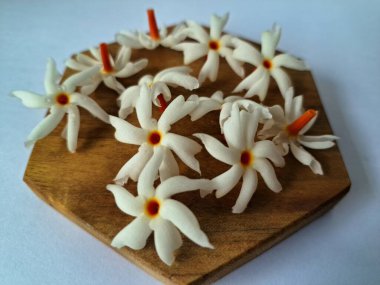 Servis tahtasındaki taze parijat çiçekleri. Çeşitli kullanımları var, hem tıbbi hem de kültürel. Ayurvedic tıpta ateş, öksürük ve soğuk algınlığını tedavi etmek için kullanılır. Çiçekler Hindu ayinlerinde ve tanrılara adak olarak da kullanılır.