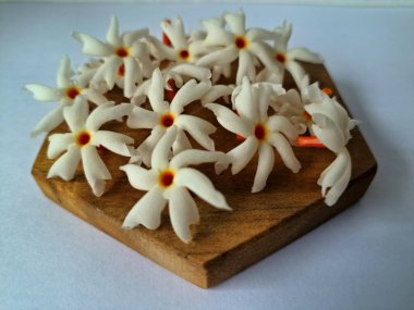 Servis tahtasındaki taze parijat çiçekleri. Çeşitli kullanımları var, hem tıbbi hem de kültürel. Ayurvedic tıpta ateş, öksürük ve soğuk algınlığını tedavi etmek için kullanılır. Çiçekler Hindu ayinlerinde ve tanrılara adak olarak da kullanılır.