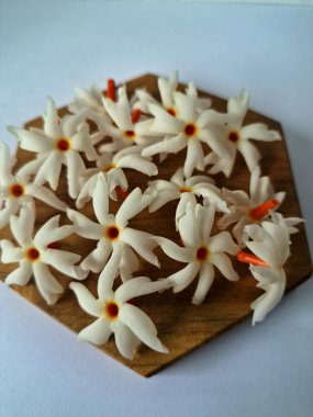 Servis tahtasındaki taze parijat çiçekleri. Çeşitli kullanımları var, hem tıbbi hem de kültürel. Ayurvedic tıpta ateş, öksürük ve soğuk algınlığını tedavi etmek için kullanılır. Çiçekler Hindu ayinlerinde ve tanrılara adak olarak da kullanılır.