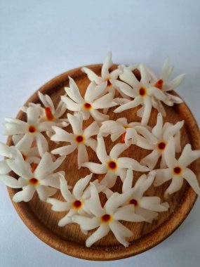 Servis tahtasındaki taze parijat çiçekleri. Çeşitli kullanımları var, hem tıbbi hem de kültürel. Ayurvedic tıpta ateş, öksürük ve soğuk algınlığını tedavi etmek için kullanılır. Çiçekler Hindu ayinlerinde ve tanrılara adak olarak da kullanılır.