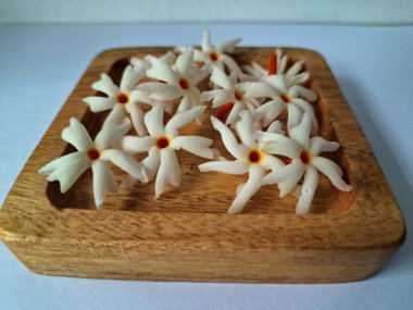 Tahta üzerinde taze parijat çiçekleri. Çeşitli kullanımları var, hem tıbbi hem de kültürel. Ayurvedic tıpta ateş, öksürük ve soğuk algınlığını tedavi etmek için kullanılır. Çiçekler Hindu ayinlerinde ve tanrılara adak olarak da kullanılır.