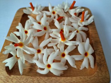 Tahta üzerinde taze parijat çiçekleri. Çeşitli kullanımları var, hem tıbbi hem de kültürel. Ayurvedic tıpta ateş, öksürük ve soğuk algınlığını tedavi etmek için kullanılır. Çiçekler Hindu ayinlerinde ve tanrılara adak olarak da kullanılır.