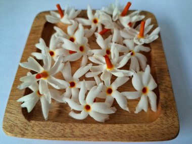 Tahta üzerinde taze parijat çiçekleri. Çeşitli kullanımları var, hem tıbbi hem de kültürel. Ayurvedic tıpta ateş, öksürük ve soğuk algınlığını tedavi etmek için kullanılır. Çiçekler Hindu ayinlerinde ve tanrılara adak olarak da kullanılır.