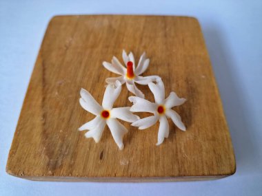 Tahta üzerinde taze parijat çiçekleri. Çeşitli kullanımları var, hem tıbbi hem de kültürel. Ayurvedic tıpta ateş, öksürük ve soğuk algınlığını tedavi etmek için kullanılır. Çiçekler Hindu ayinlerinde ve tanrılara adak olarak da kullanılır.