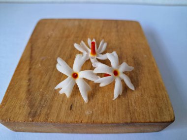 Tahta üzerinde taze parijat çiçekleri. Çeşitli kullanımları var, hem tıbbi hem de kültürel. Ayurvedic tıpta ateş, öksürük ve soğuk algınlığını tedavi etmek için kullanılır. Çiçekler Hindu ayinlerinde ve tanrılara adak olarak da kullanılır.