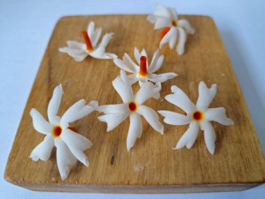 Tahta üzerinde taze parijat çiçekleri. Çeşitli kullanımları var, hem tıbbi hem de kültürel. Ayurvedic tıpta ateş, öksürük ve soğuk algınlığını tedavi etmek için kullanılır. Çiçekler Hindu ayinlerinde ve tanrılara adak olarak da kullanılır.