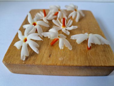 Tahta üzerinde taze parijat çiçekleri. Çeşitli kullanımları var, hem tıbbi hem de kültürel. Ayurvedic tıpta ateş, öksürük ve soğuk algınlığını tedavi etmek için kullanılır. Çiçekler Hindu ayinlerinde ve tanrılara adak olarak da kullanılır.