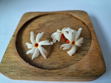 Tahta üzerinde taze parijat çiçekleri. Çeşitli kullanımları var, hem tıbbi hem de kültürel. Ayurvedic tıpta ateş, öksürük ve soğuk algınlığını tedavi etmek için kullanılır. Çiçekler Hindu ayinlerinde ve tanrılara adak olarak da kullanılır.