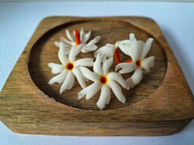 Tahta üzerinde taze parijat çiçekleri. Çeşitli kullanımları var, hem tıbbi hem de kültürel. Ayurvedic tıpta ateş, öksürük ve soğuk algınlığını tedavi etmek için kullanılır. Çiçekler Hindu ayinlerinde ve tanrılara adak olarak da kullanılır.