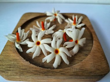 Tahta üzerinde taze parijat çiçekleri. Çeşitli kullanımları var, hem tıbbi hem de kültürel. Ayurvedic tıpta ateş, öksürük ve soğuk algınlığını tedavi etmek için kullanılır. Çiçekler Hindu ayinlerinde ve tanrılara adak olarak da kullanılır.