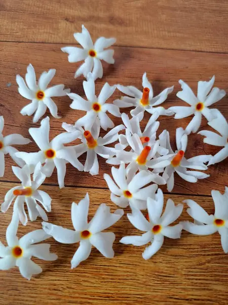 Taze parijat çiçekleri masada. Parijat çiçeğinin çeşitli kullanımları vardır, hem tıbbi hem de kültürel. Ayurvedic tıpta ateş, öksürük ve soğuk algınlığını tedavi etmek için kullanılır. Çiçekler Hindu ayinlerinde ve tanrılara adak olarak da kullanılır.