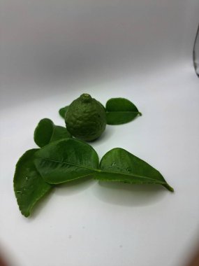 Beyaz arka planda izole edilmiş yeşil kireç ve yapraklar. Kafir kireç yaprakları parlak yeşil, çift katlı yapraklar belirgin, narenciye aromalı ve aromalı. Pek çok Güneydoğu Asya mutfağının kilit bileşenlerinden biri.