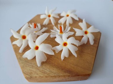 Servis tahtasındaki taze parijat çiçekleri. Çeşitli kullanımları var, hem tıbbi hem de kültürel. Ayurvedic tıpta ateş, öksürük ve soğuk algınlığını tedavi etmek için kullanılır. Çiçekler Hindu ayinlerinde ve tanrılara adak olarak da kullanılır.