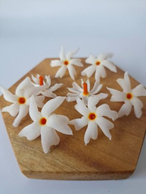 Servis tahtasındaki taze parijat çiçekleri. Çeşitli kullanımları var, hem tıbbi hem de kültürel. Ayurvedic tıpta ateş, öksürük ve soğuk algınlığını tedavi etmek için kullanılır. Çiçekler Hindu ayinlerinde ve tanrılara adak olarak da kullanılır.