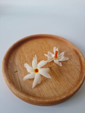 Küçük tahta bir tabakta taze parijat çiçekleri. Çeşitli kullanımları var, hem tıbbi hem de kültürel. Ayurvedic tıpta ateş, öksürük ve soğuk algınlığını tedavi etmek için kullanılır. Çiçekler Hindu ayinlerinde ve tanrılara adak olarak da kullanılır.