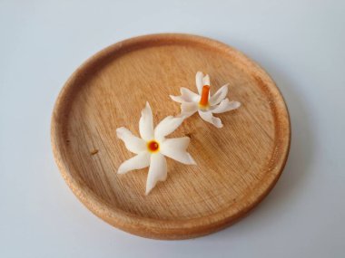 Küçük tahta bir tabakta taze parijat çiçekleri. Çeşitli kullanımları var, hem tıbbi hem de kültürel. Ayurvedic tıpta ateş, öksürük ve soğuk algınlığını tedavi etmek için kullanılır. Çiçekler Hindu ayinlerinde ve tanrılara adak olarak da kullanılır.