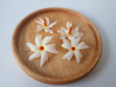 Küçük tahta bir tabakta taze parijat çiçekleri. Çeşitli kullanımları var, hem tıbbi hem de kültürel. Ayurvedic tıpta ateş, öksürük ve soğuk algınlığını tedavi etmek için kullanılır. Çiçekler Hindu ayinlerinde ve tanrılara adak olarak da kullanılır.