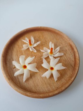 Küçük tahta bir tabakta taze parijat çiçekleri. Çeşitli kullanımları var, hem tıbbi hem de kültürel. Ayurvedic tıpta ateş, öksürük ve soğuk algınlığını tedavi etmek için kullanılır. Çiçekler Hindu ayinlerinde ve tanrılara adak olarak da kullanılır.