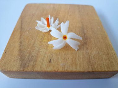 Servis tahtasındaki taze parijat çiçekleri. Çeşitli kullanımları var, hem tıbbi hem de kültürel. Ayurvedic tıpta ateş, öksürük ve soğuk algınlığını tedavi etmek için kullanılır. Çiçekler Hindu ayinlerinde ve tanrılara adak olarak da kullanılır.