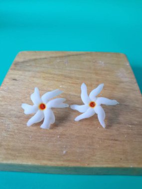 Servis tahtasındaki taze parijat çiçekleri. Çeşitli kullanımları var, hem tıbbi hem de kültürel. Ayurvedic tıpta ateş, öksürük ve soğuk algınlığını tedavi etmek için kullanılır. Çiçekler Hindu ayinlerinde ve tanrılara adak olarak da kullanılır.