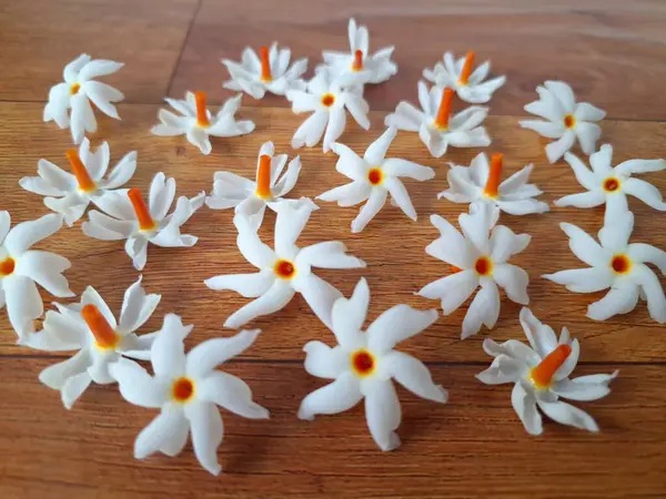 Taze parijat çiçekleri masada. Parijat çiçeğinin çeşitli kullanımları vardır, hem tıbbi hem de kültürel. Ayurvedic tıpta ateş, öksürük ve soğuk algınlığını tedavi etmek için kullanılır. Çiçekler Hindu ayinlerinde ve tanrılara adak olarak da kullanılır.