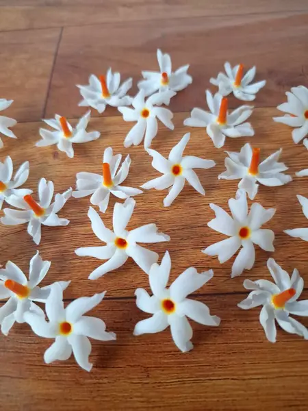 Taze parijat çiçekleri masada. Parijat çiçeğinin çeşitli kullanımları vardır, hem tıbbi hem de kültürel. Ayurvedic tıpta ateş, öksürük ve soğuk algınlığını tedavi etmek için kullanılır. Çiçekler Hindu ayinlerinde ve tanrılara adak olarak da kullanılır.