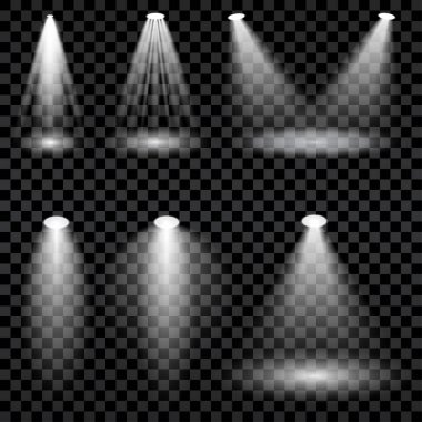 Gerçekçi ışık doğal spot Set konser, sahne, sahne ve gösteri şeffaf koyu arka plan için. Vektör çizim