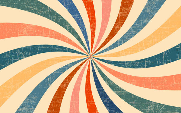 Цирк фон и спиральные ретро лучи векторный рисунок. Винтажный плакат красного белого солнца или звезды лопнул радиальные линии с гранж текстурой, цирк, карнавал, летняя ярмарка или чапито фон