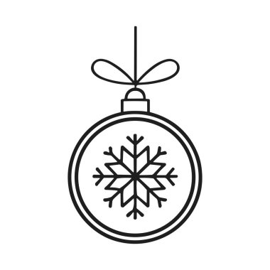 Bu vektör illüstrasyonunda klasik bir Noel süsü var. Narin bir kar tanesi dizaynı ile süslenmiş ve fiyonkla bağlanmış. Bayram kartları, mevsimlik dekorasyon ve şenlik projeleri için idealdir. Bu siyah-beyaz çizgili sanat geleneksel ama asgari düzeyde
