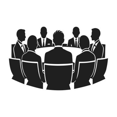 Bu vektör illüstrasyonu, bir yuvarlak masa etrafında düzenlenen resmi bir toplantıda bir grup profesyoneli gösteriyor. Silüet bir takım çalışması, işbirliği, liderlik ve stratejik planlama hissi yakalıyor. İş için mükemmel, kurumsal sunumlar.
