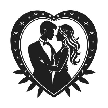 Yıldızlar ve çiçek aksanıyla süslenmiş kalp şeklinde bir çerçevenin içinde kucaklaşan romantik bir çiftin zarif siluet vektörü. Sevgililer günü kartları, düğün davetiyeleri, aşk temalı projeler ve romantik kutlamalar için ideal. Bu ebedi siyah ve--