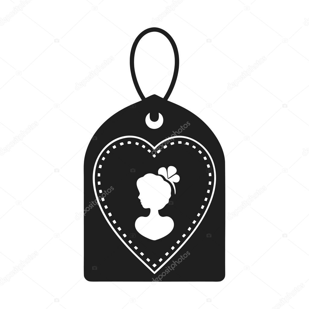 Elegant vector illustration of a vintage tag with a heart and a silhouette of a woman's profile. Ideal for romantic, wedding, gift packaging, feminine branding, boutique designs, and Valentine's Day themes. Perfect for graphic design, digital art,