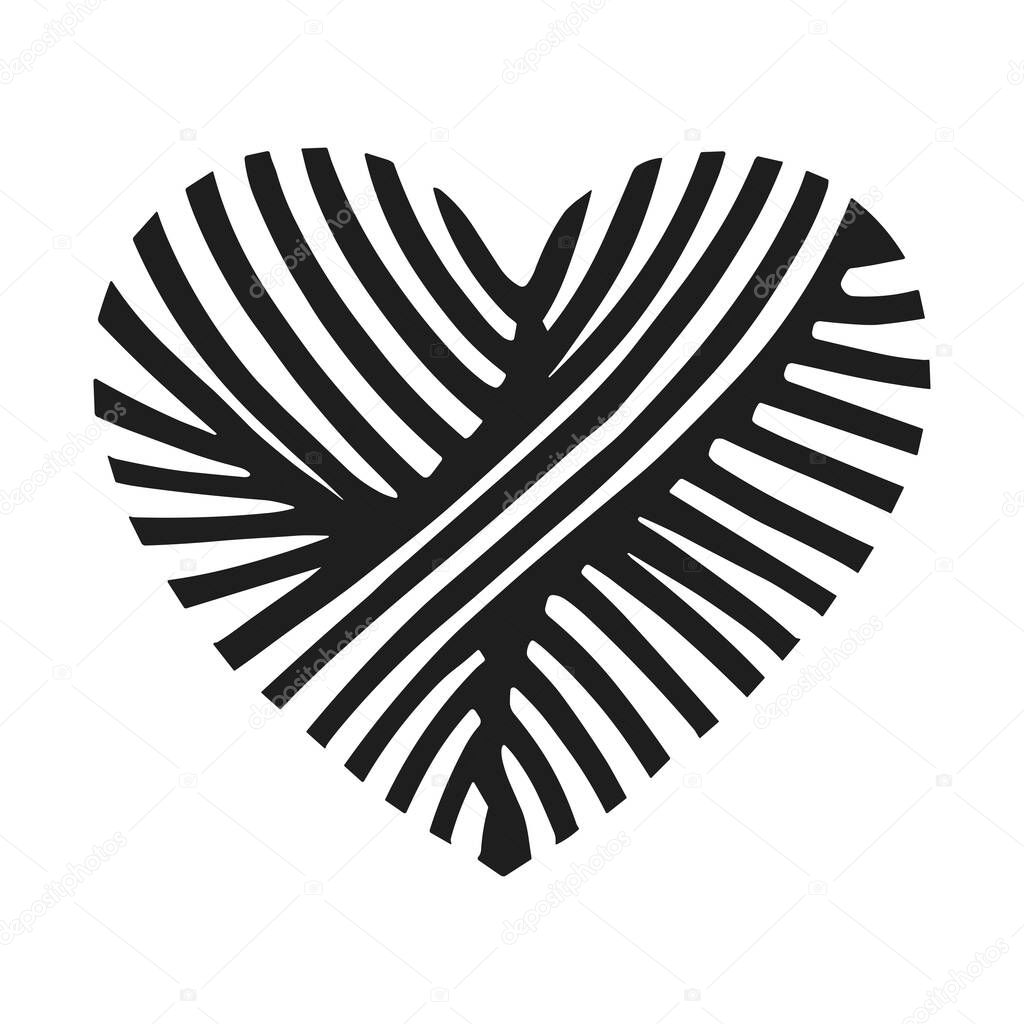Unique black palm leaf heart silhouette illustration with artistic line details, perfect for designs inspired by nature, love, and tropical themes. This minimalistic and elegant vector art is ideal for branding, logos, invitations, posters, and more,
