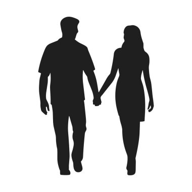 Romantik vektör silueti el ele yürüyen bir çift, aşkı, birlikteliği ve bağlantıyı sembolize ediyor. Bu Sevgililer Günü temalı illüstrasyon aşk temalı projeler, düğün davetiyeleri, tebrik kartları ve ilişki yönetimleri için mükemmel.