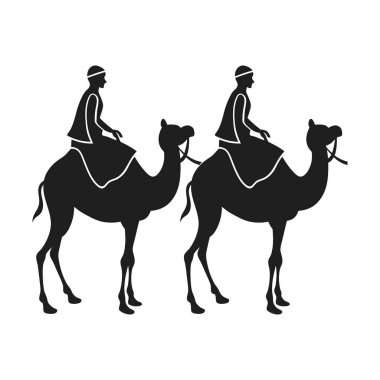 Çöl ortamında deveye binen iki kişinin siluetlerini içeren vektör çizimi. Seyahat, kültür ve macera temalı projelerde kullanılmak için ideal.
