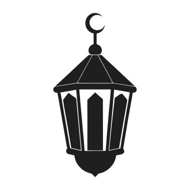 Geometrik detayları ve üzerinde hilal olan geleneksel bir İslami fenerin siyah silueti. Ramazan, bayram kutlamaları, dini temalar, şenlikli dekorasyonlar ve kültürel tasarımlar için mükemmel. Afişler, tebrik kartları, posterler, sosyete için ideal
