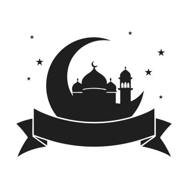 Hilal ay, yıldızlar ve Ramazan, bayram ve İslami temalı tasarımlar için ideal bir kurdele afişi olan İslam camiinin zarif siyah-beyaz silueti..