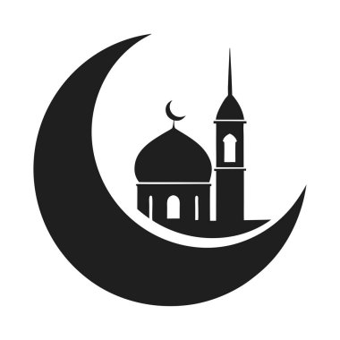 Hilal ay ve kubbe ve minareli bir İslam camii içeren çarpıcı bir siyah beyaz siluet vektör çizimi. Ramazan, Bayram, İslam sanatı ve kültürel veya dini projeler için mükemmel.