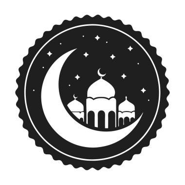 Hilal ay, cami ve yıldızlı gece tasarımı içeren İslami ay çöreklerinin güzel siluet çizimi, Ramazan, bayram kutlamaları, kültürel şenlikler ve geleneksel tasarımlar için ideal.