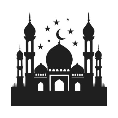 Kubbeleri, minareleri, hilal ayı ve yıldızları olan bir İslam camisinin zarif silueti. Dini, kültürel ve dekoratif projeler için mükemmel. İslam tasarımları, Ramazan temaları ve Müslüman kutlamalarında kullanılmak için ideal.