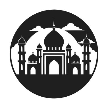 Yuvarlak çerçeveli bir İslami caminin biçimlendirilmiş siluet vektörü, kubbeler, minareler ve sakin bir gökyüzü arkaplanı içerir. Ramazan, bayram ve İslami sanat temaları gibi dini, kültürel ve dekoratif projeler için ideal.