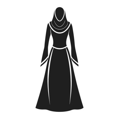 Kültürel, moda ve tasarım temaları için mükemmel, karmaşık tasarım unsurları olan geleneksel, akıcı bir elbise giymiş bir kadının ayrıntılı bir silüet vektör çizimi.